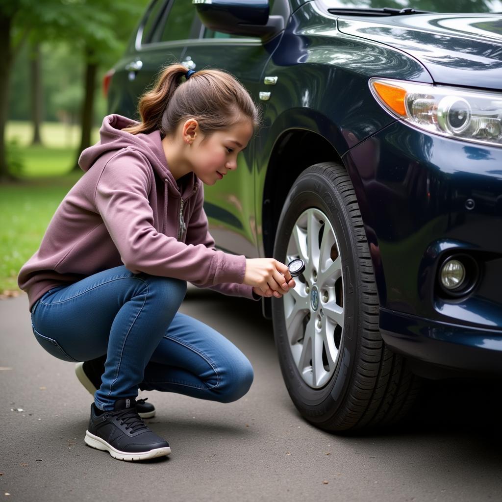 First-time car owner checking tire pressure with a gauge