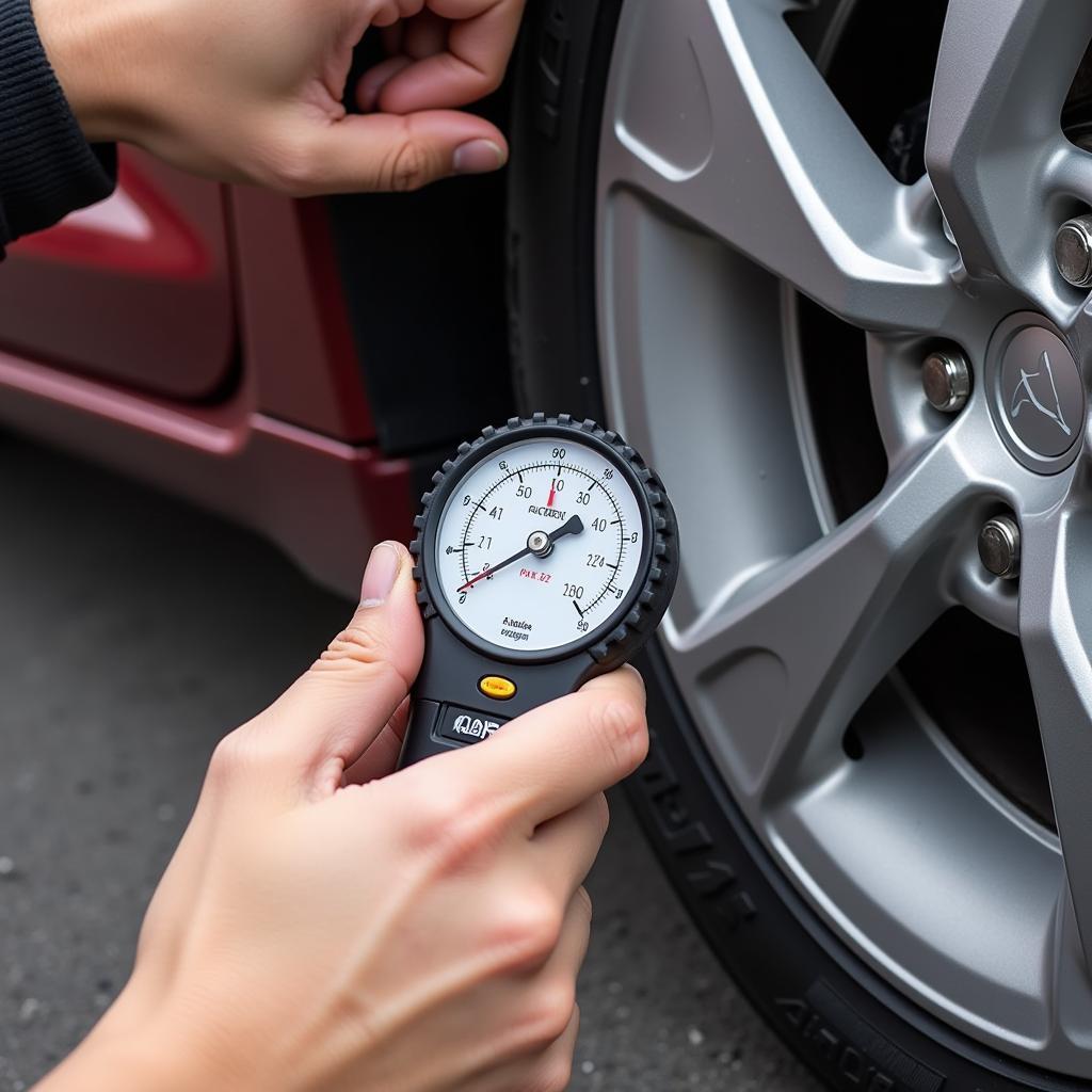 Checking Tire Pressure with Gauge