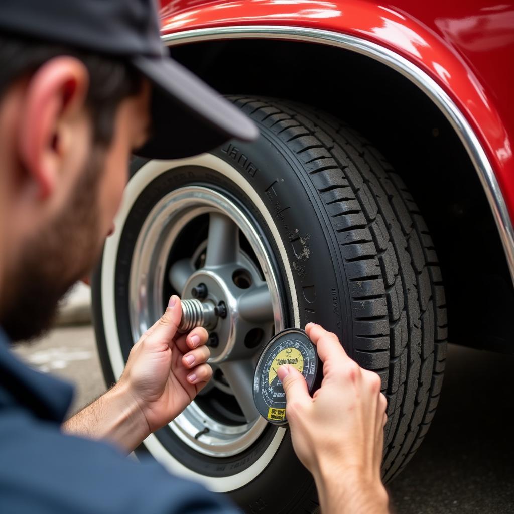 Inspecting Tires on a Classic Car