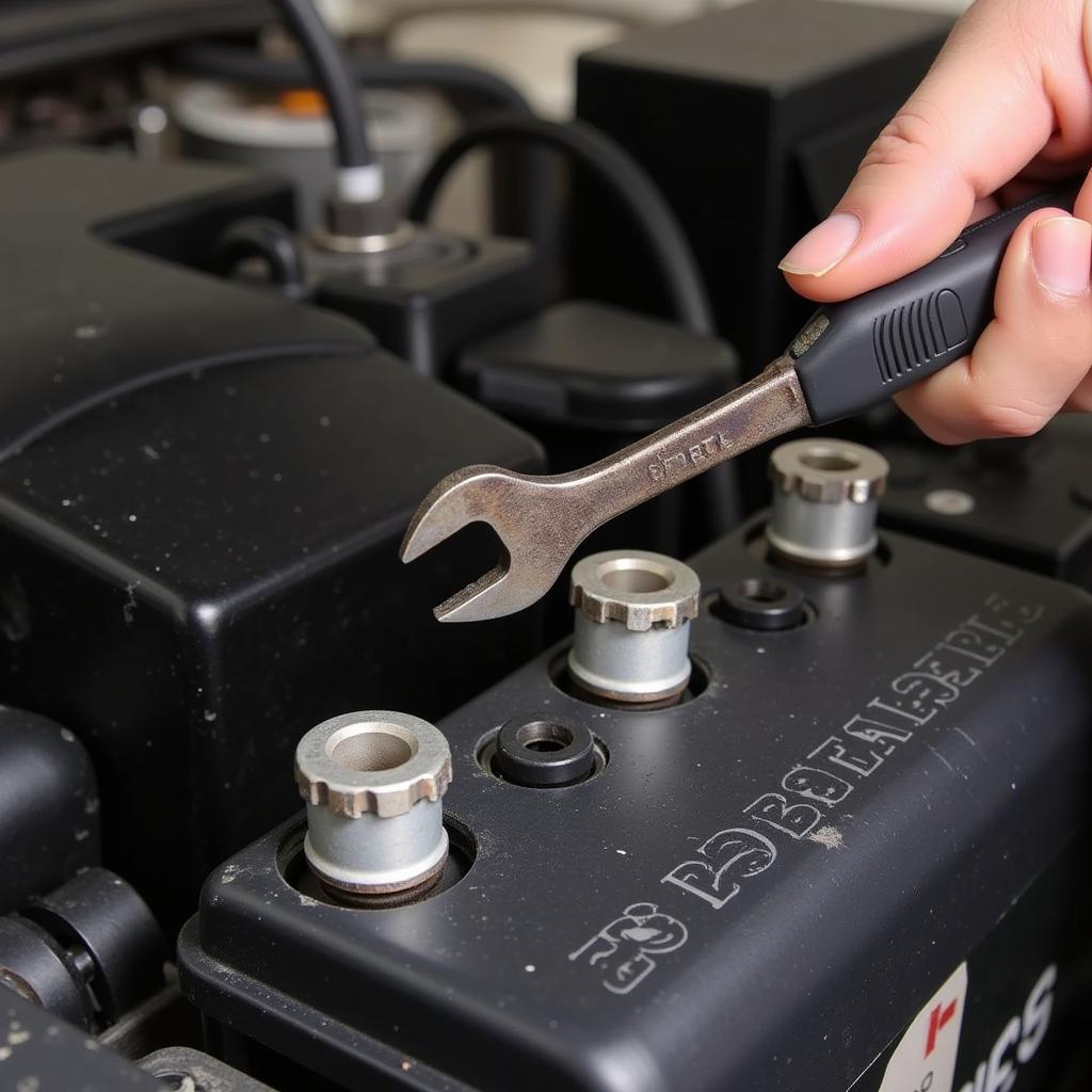 Close-up of a person cleaning car battery terminals