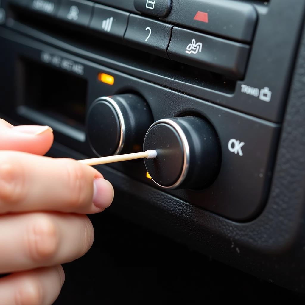 Cleaning car radio buttons with a cotton swab and isopropyl alcohol.