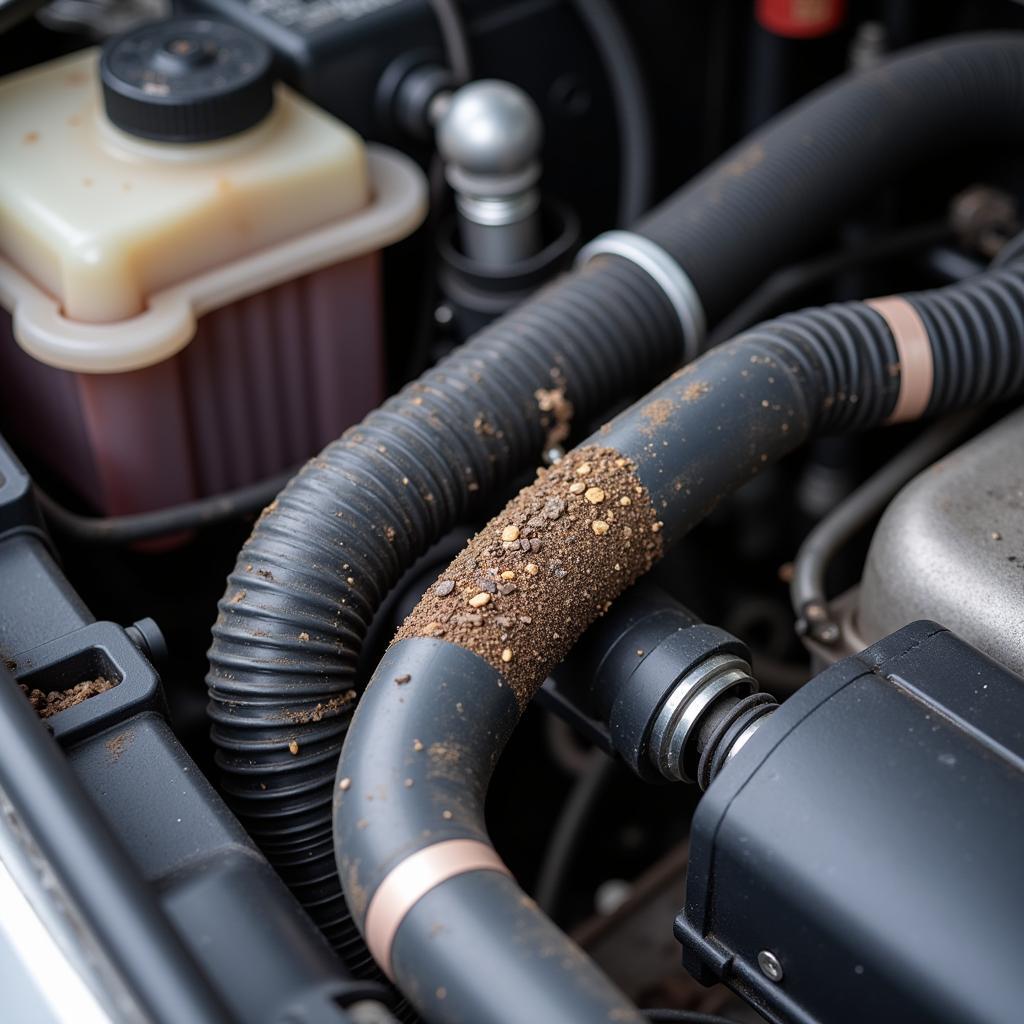 Clogged AC hose restricting refrigerant flow in a car.