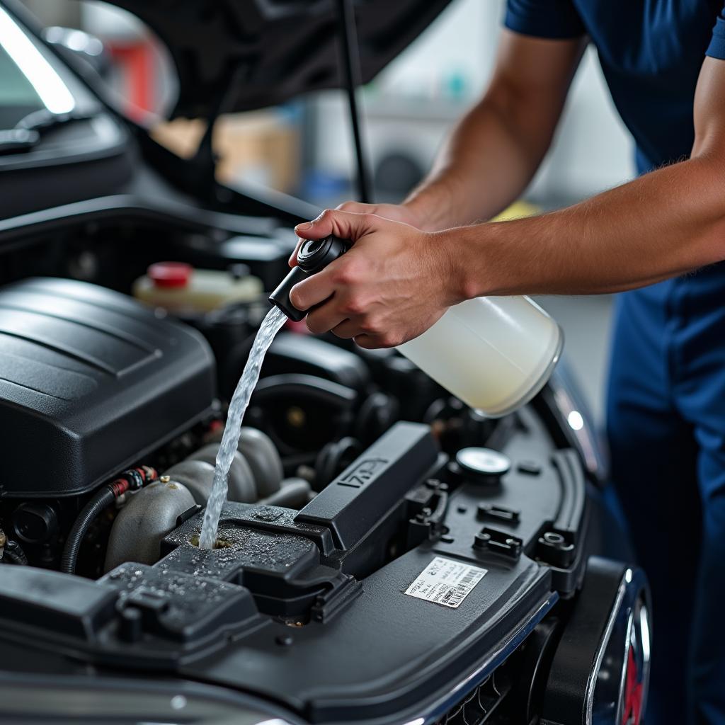 Coolant flush and fill service at a car maintenance shop