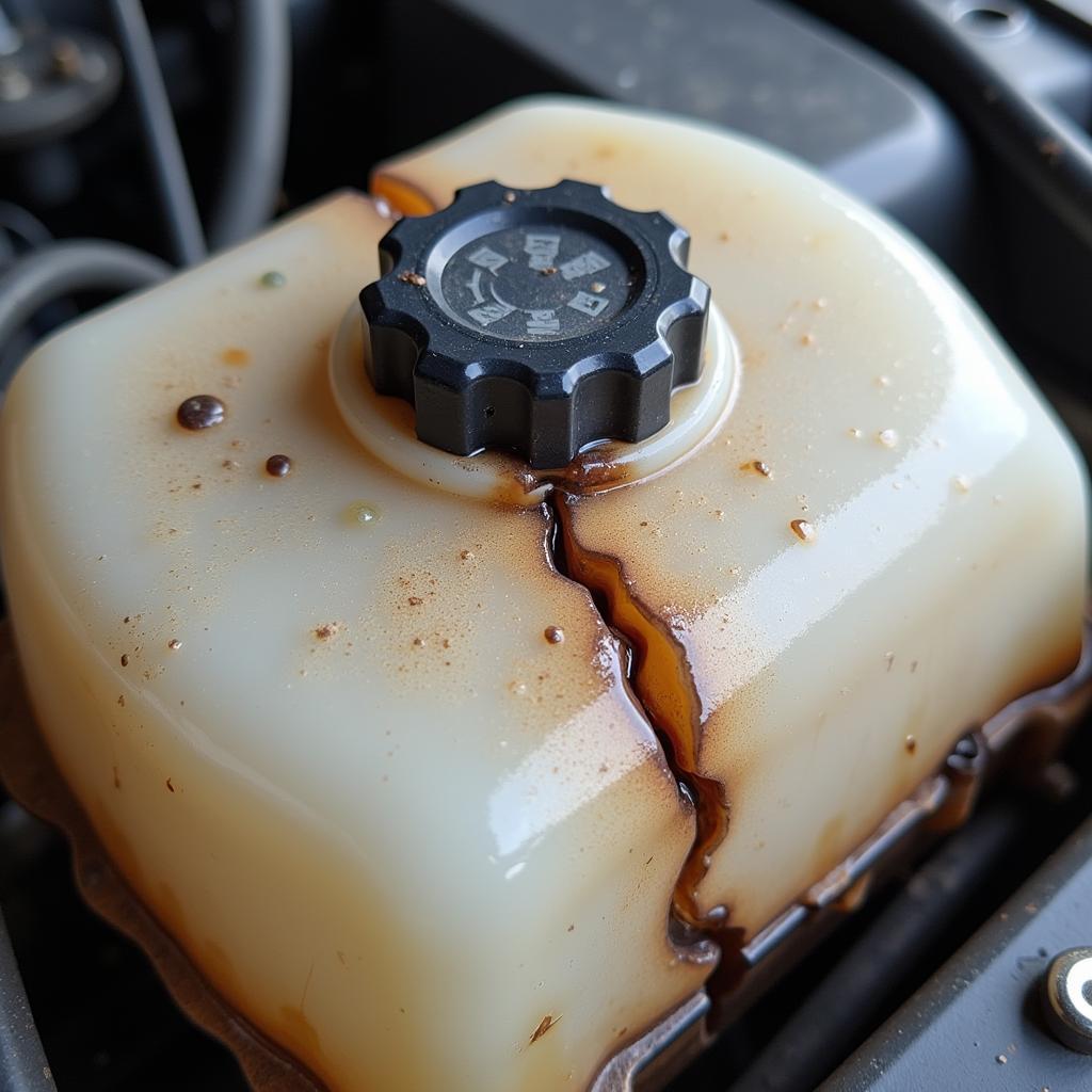 A damaged car reservoir with a visible crack