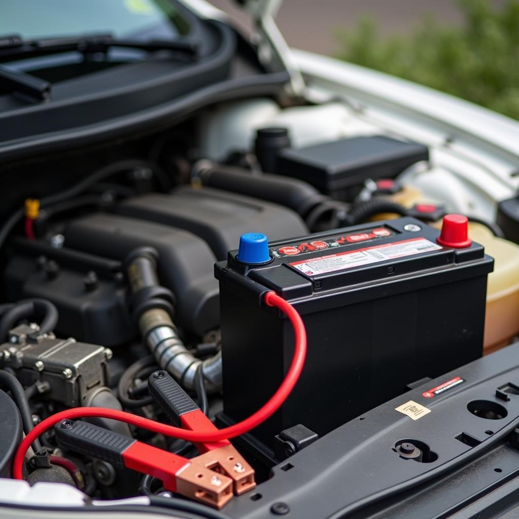 A car with a dead battery and jumper cables connected