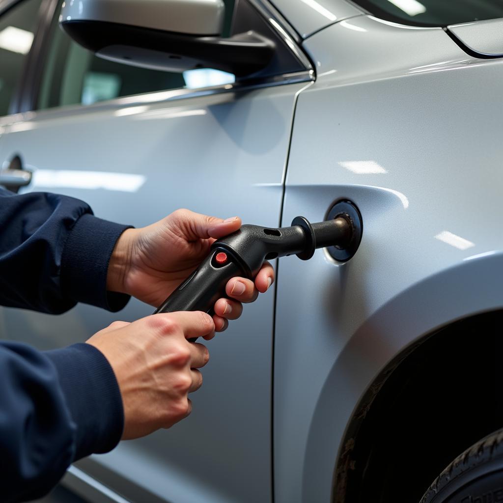 Using a dent puller to repair a car dent