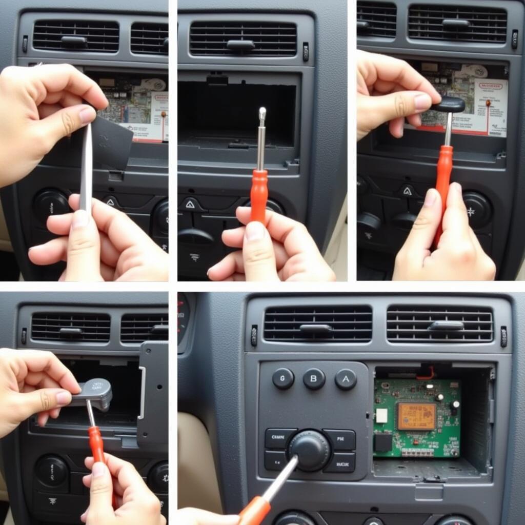 Disassembling the car radio facia to access the stuck buttons.