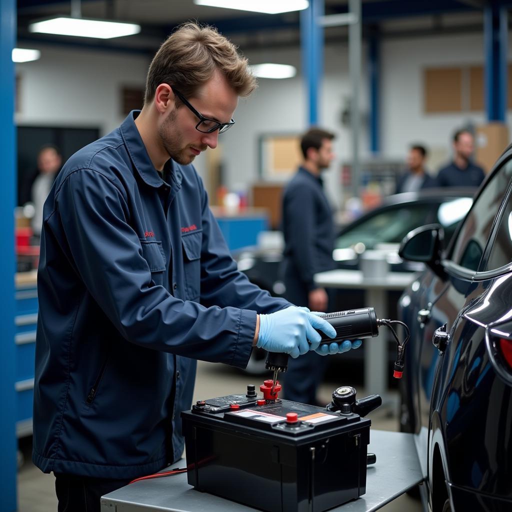 Technician Inspecting Electric Car Battery