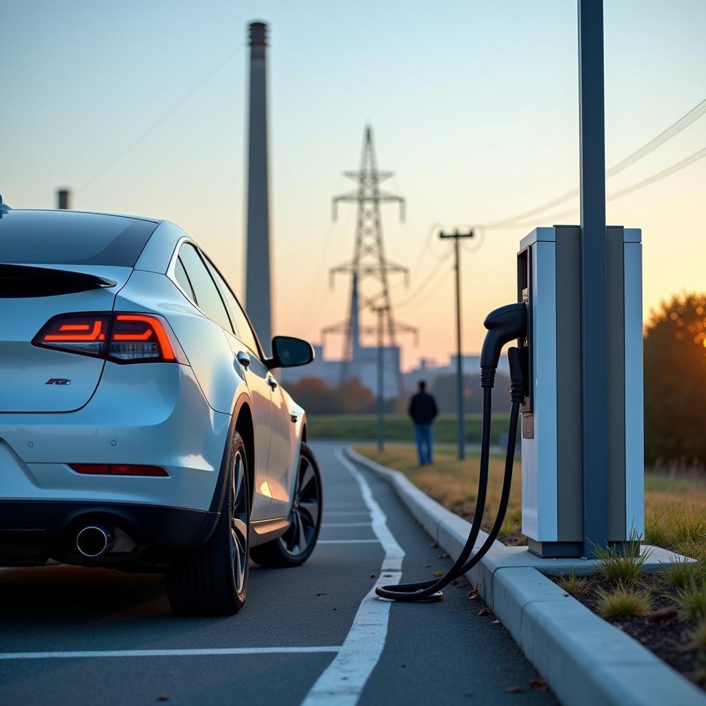 Electric car charging station connected to the power grid