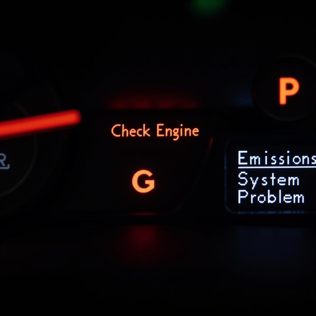 Car dashboard with emissions system warning light illuminated