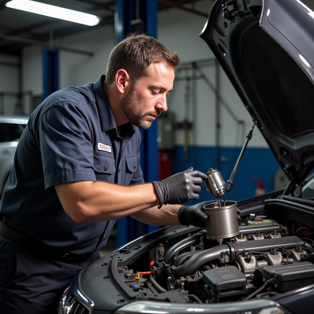 Mechanic inspecting car engine cylinder