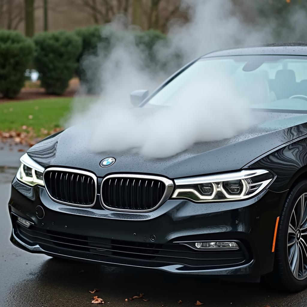 A car with steam coming from the hood, indicating overheating