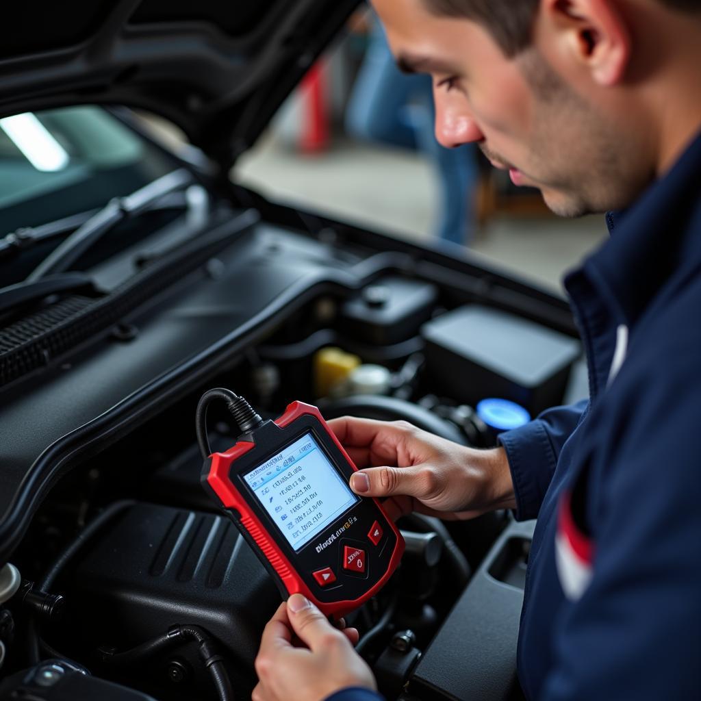 Mechanic inspecting car engine