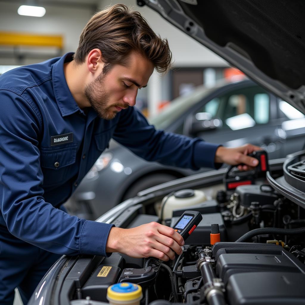 Mechanic Diagnosing Car Engine Problem