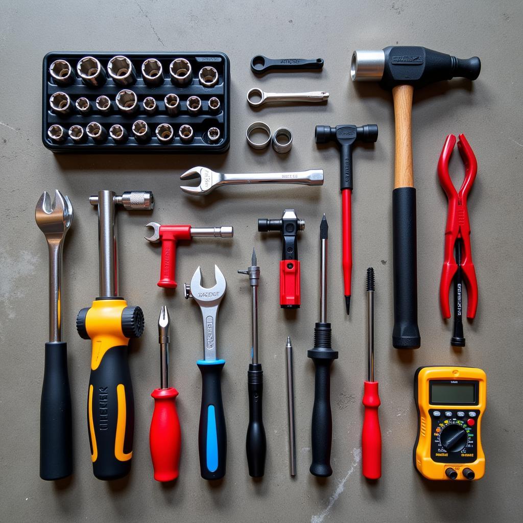 Essential car repair tools laid out on a garage floor.