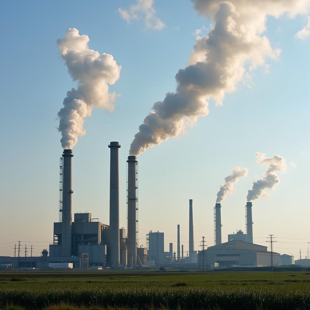 Ethanol production plant with smoke stacks - greenhouse gas emissions