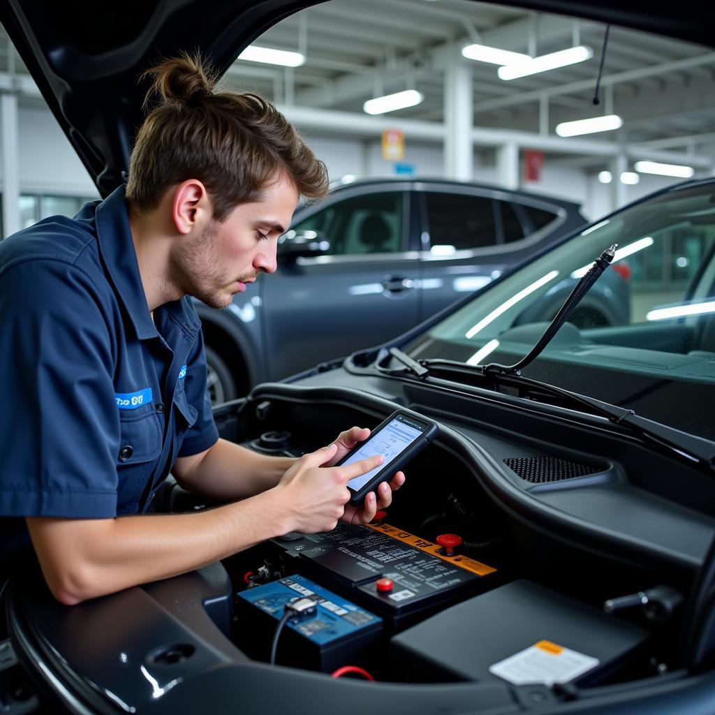 EV Service Appointment: Technician Performing a Routine Check