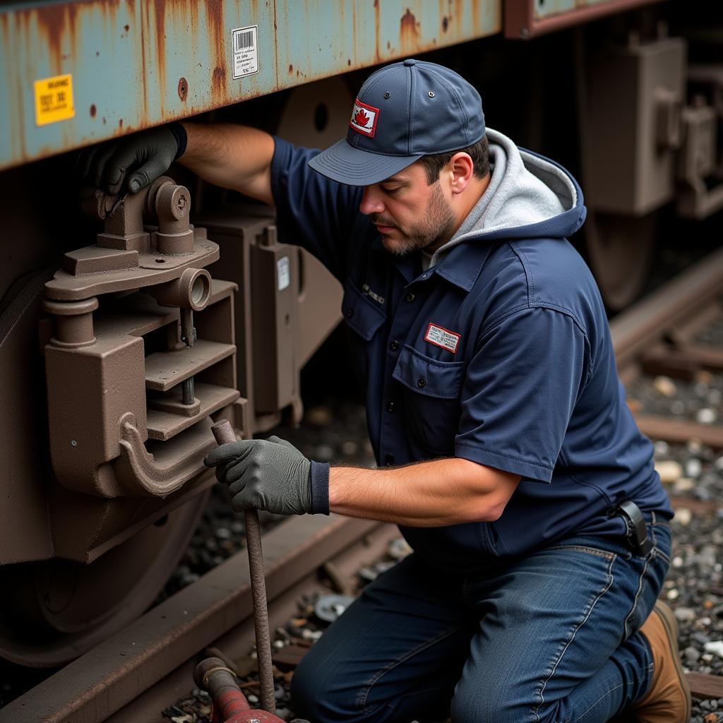 Experienced railroad car technician at work