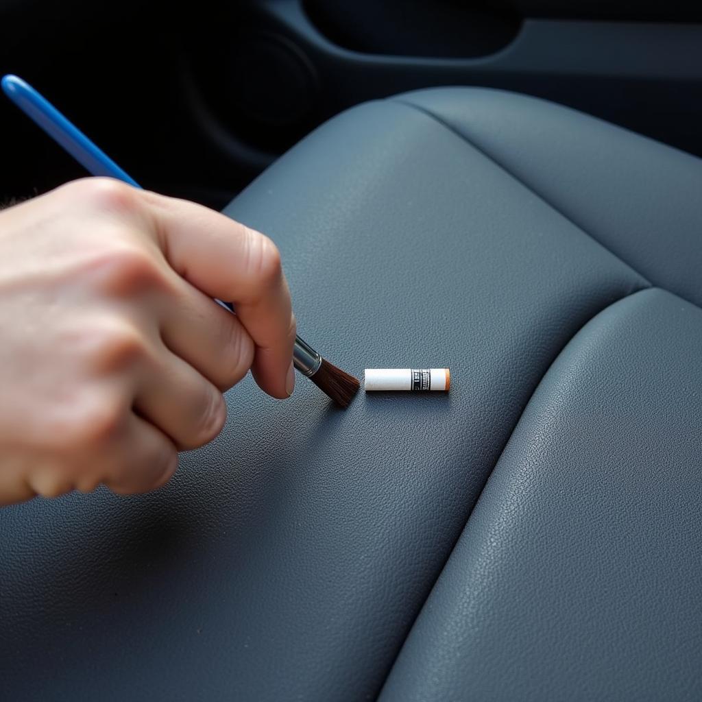 Applying fabric dye to repair a cigarette burn on a car seat