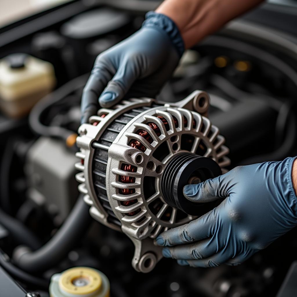 A mechanic inspecting a car's alternator