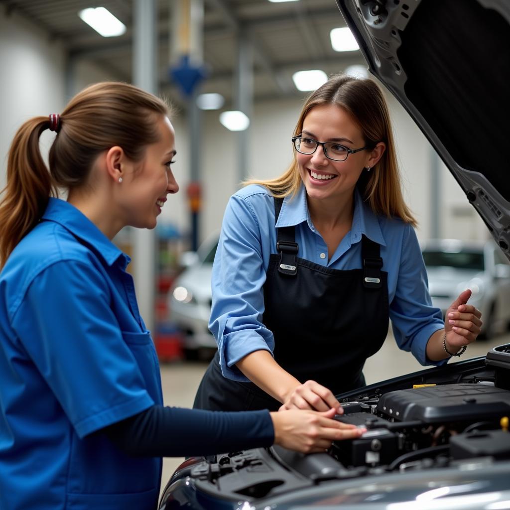 Female Mechanic Explaining Car Repair to Customer