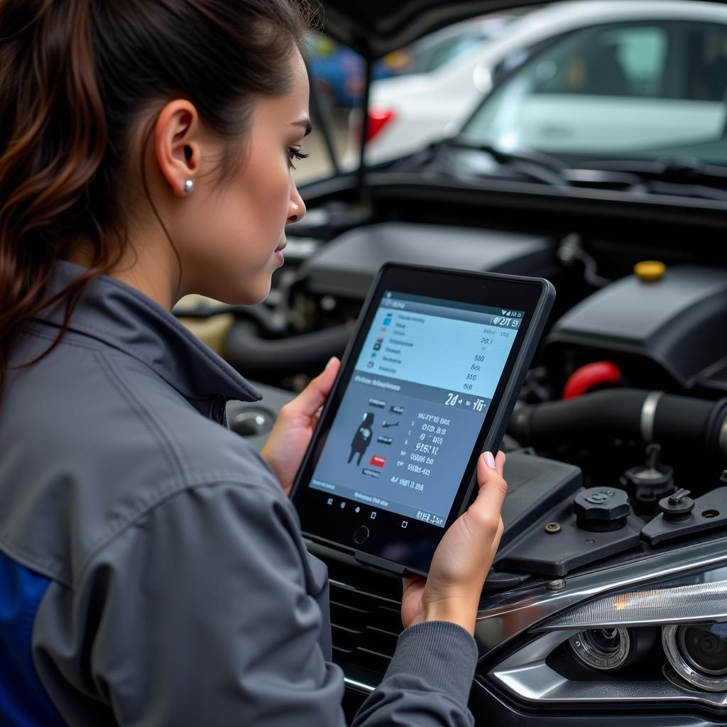 Female Mechanic Using a Diagnostic Tool