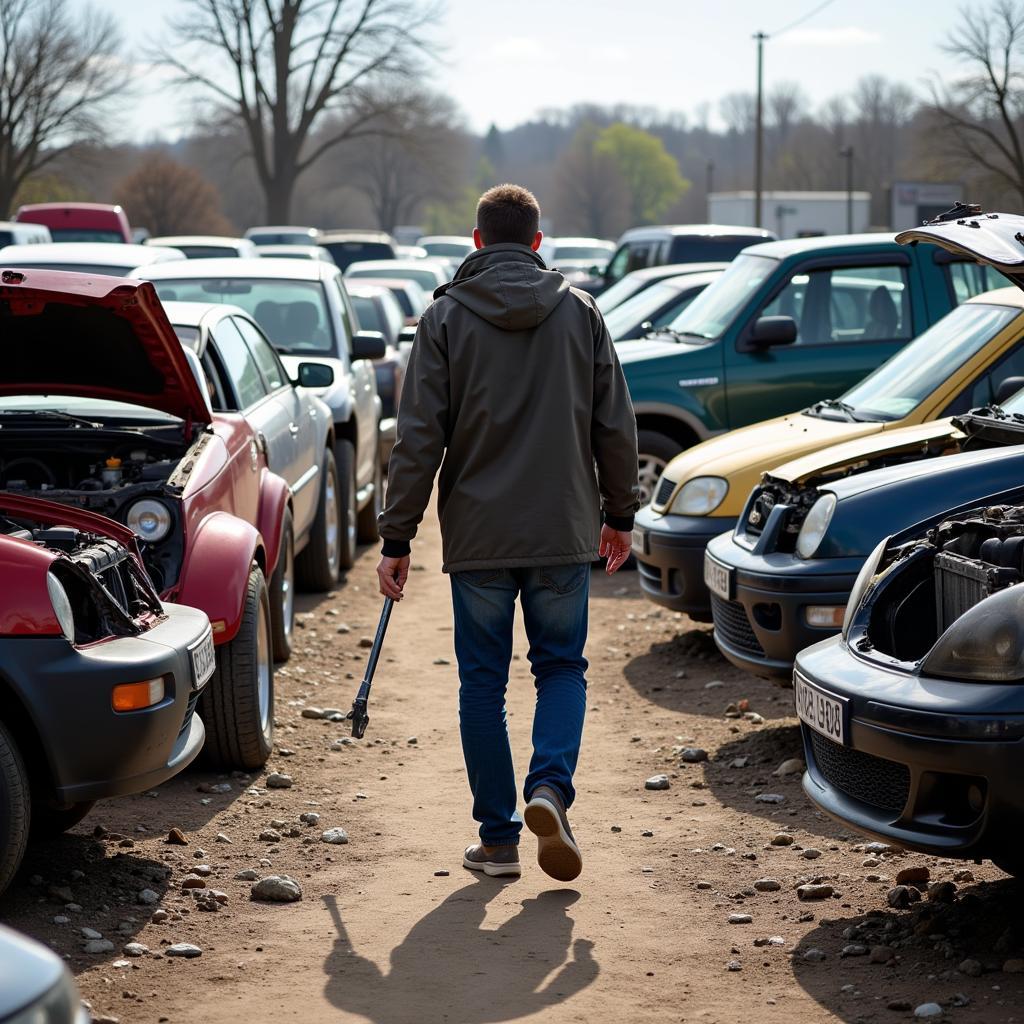 Searching for car parts in a junkyard