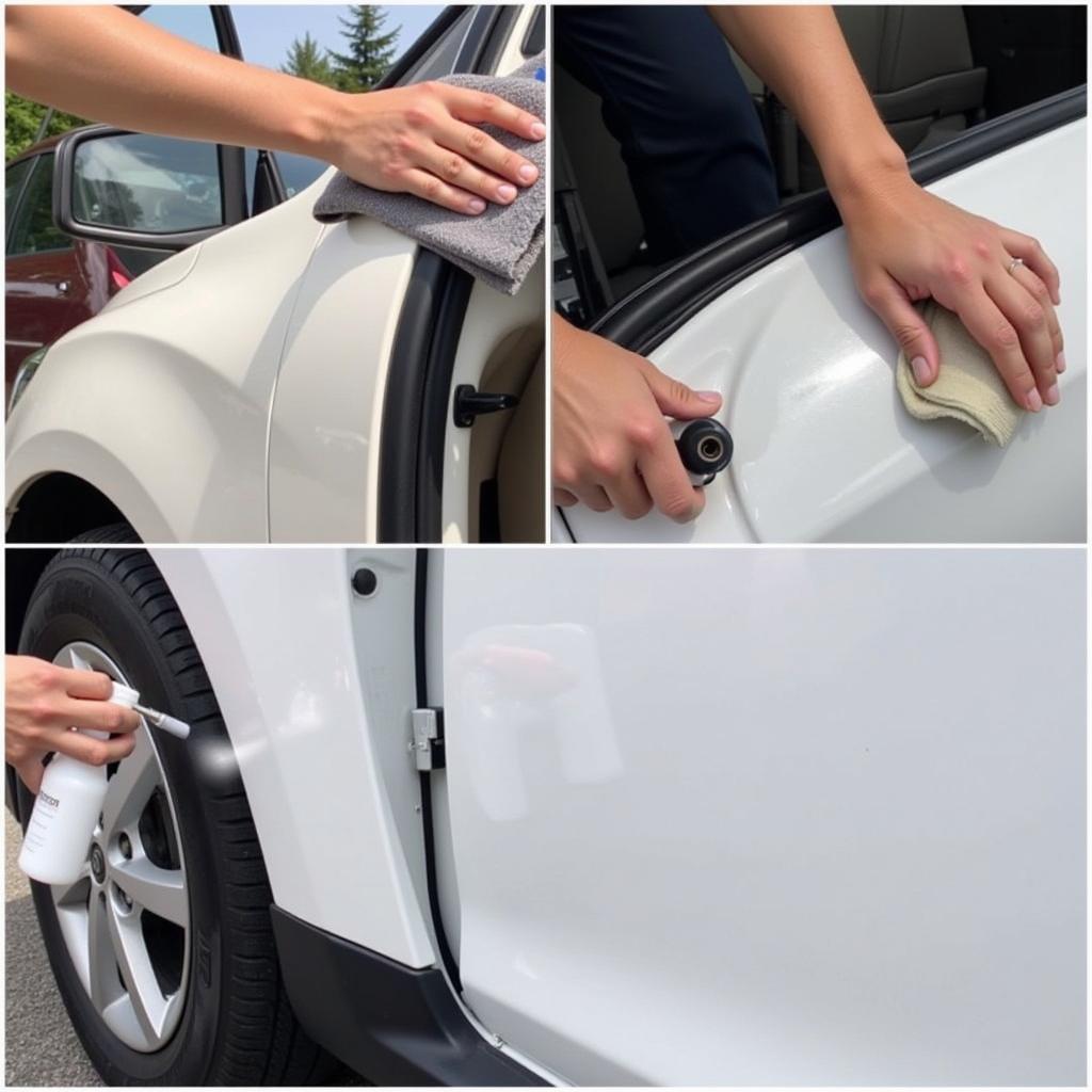 Cleaning the surface of the car door and rubber strip before applying adhesive.