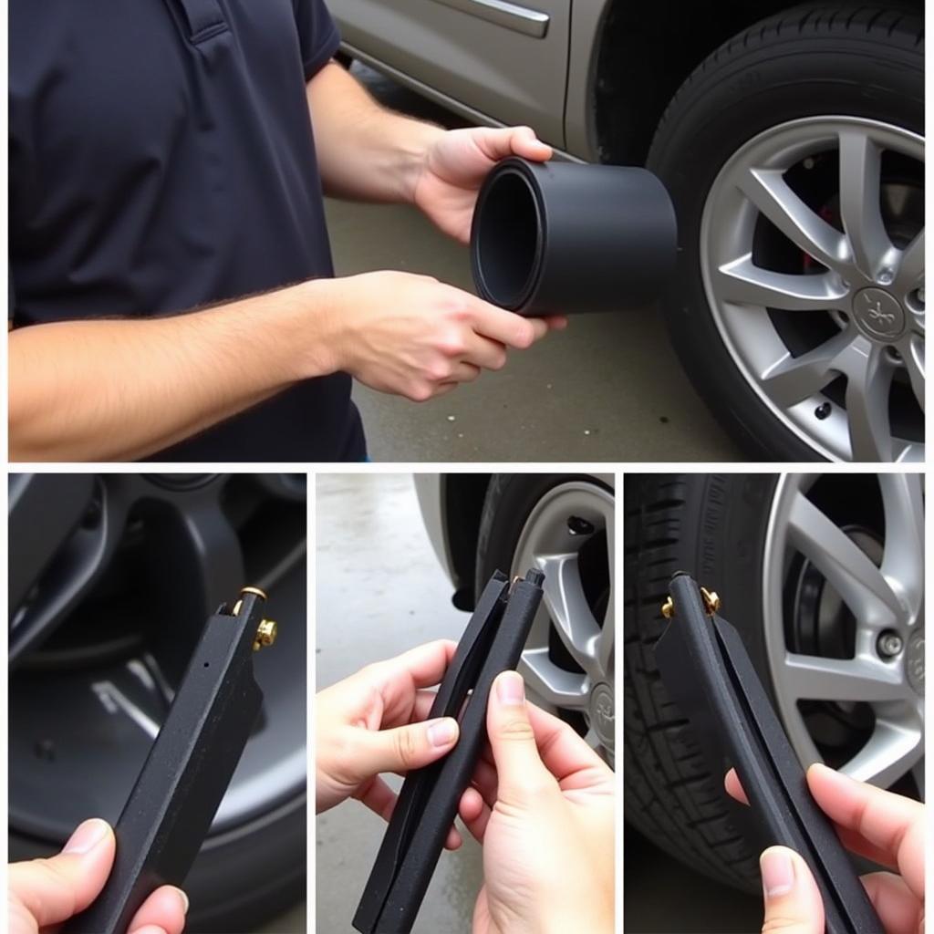 A professional auto technician installing a new car door rubber seal.