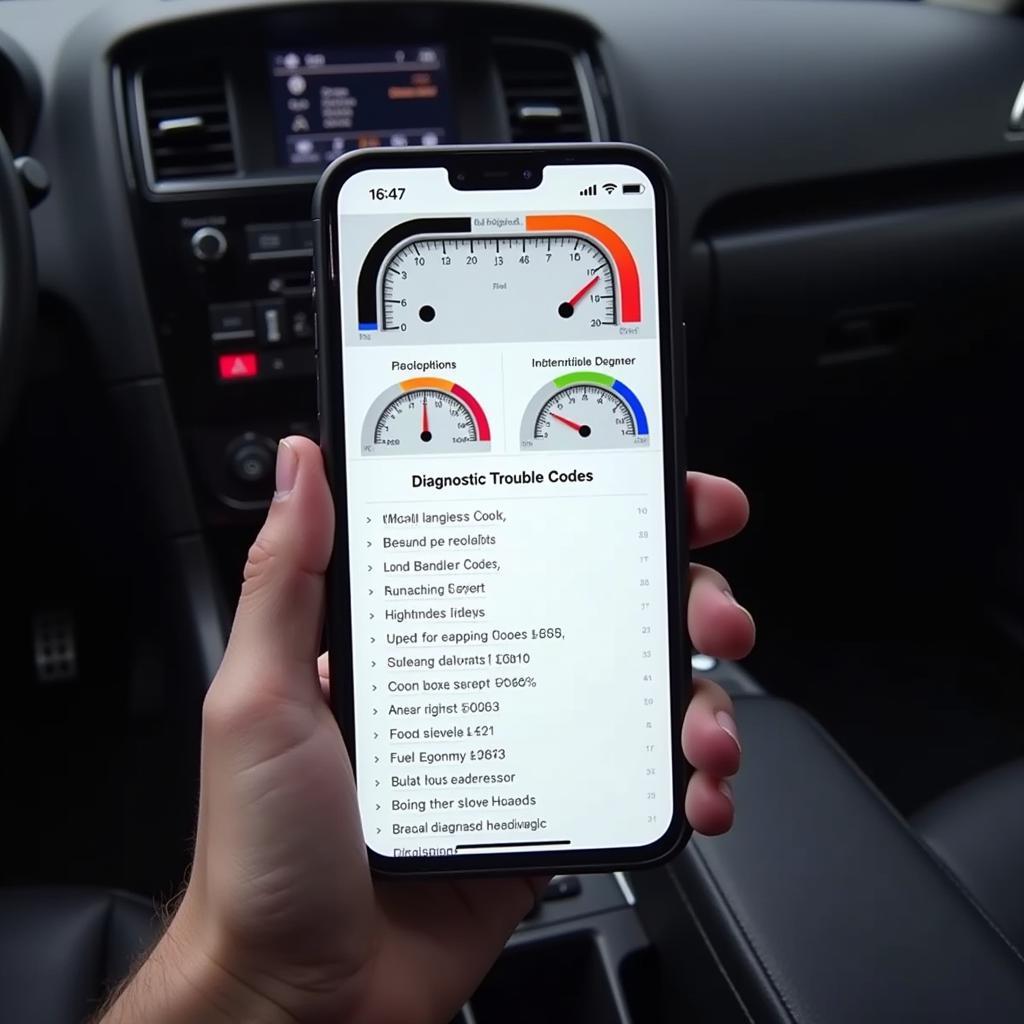 Fixed car diagnostic app dashboard displaying real-time vehicle data and diagnostic trouble codes