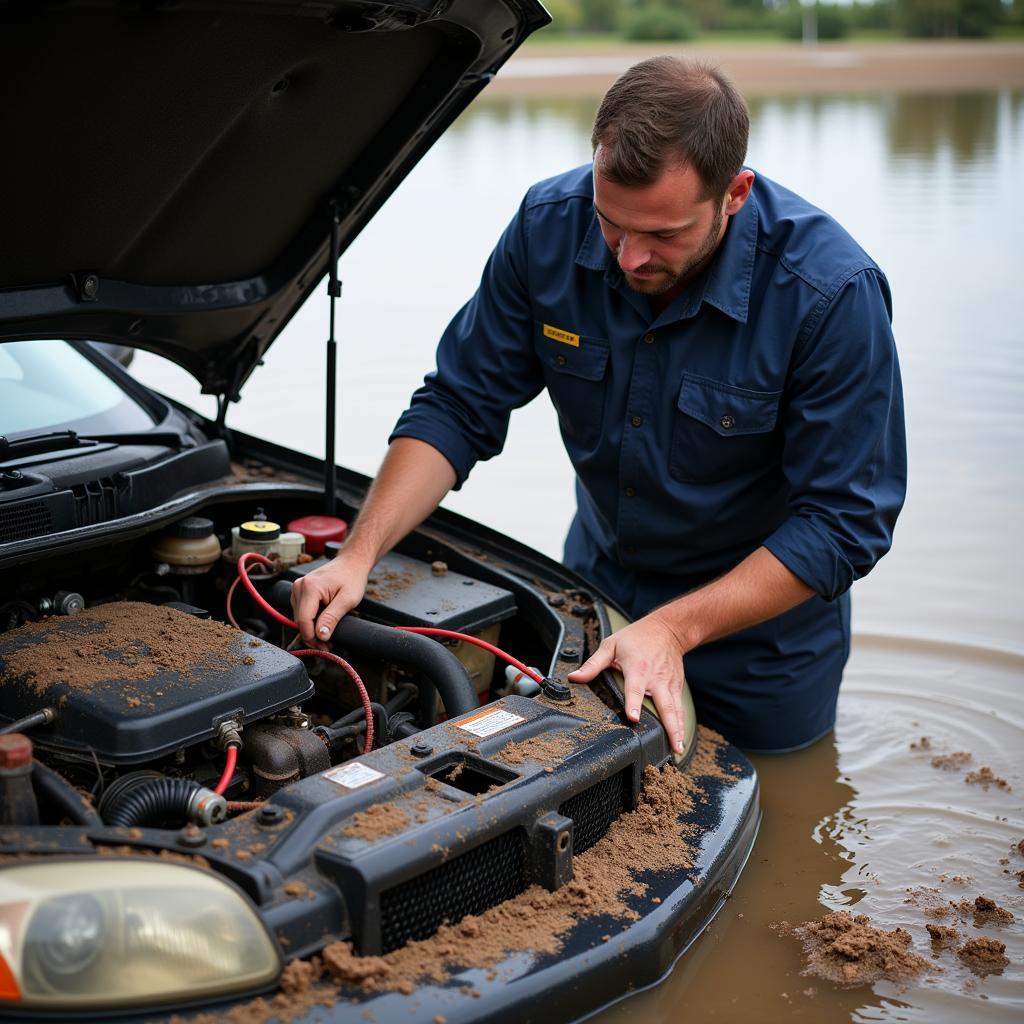 Inspecting a flooded car's engine compartment