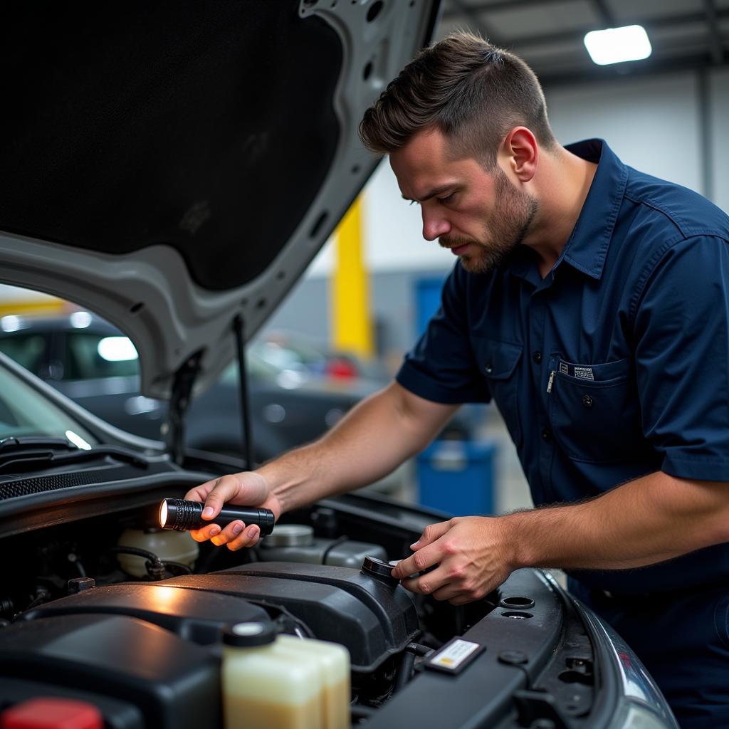 Mechanic checking car fluids during a 30,000-mile service