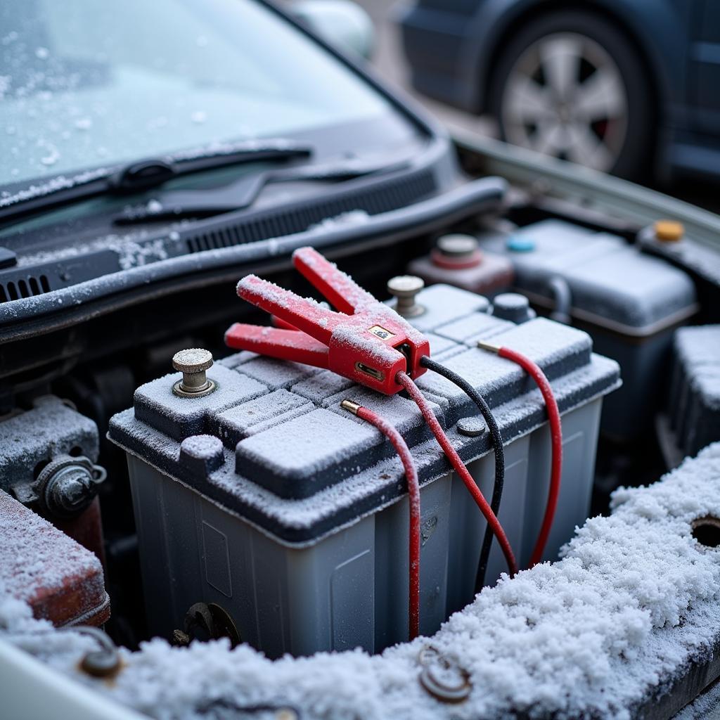 Frozen car battery in winter weather