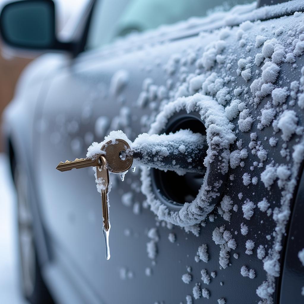 Frozen car door lock in winter