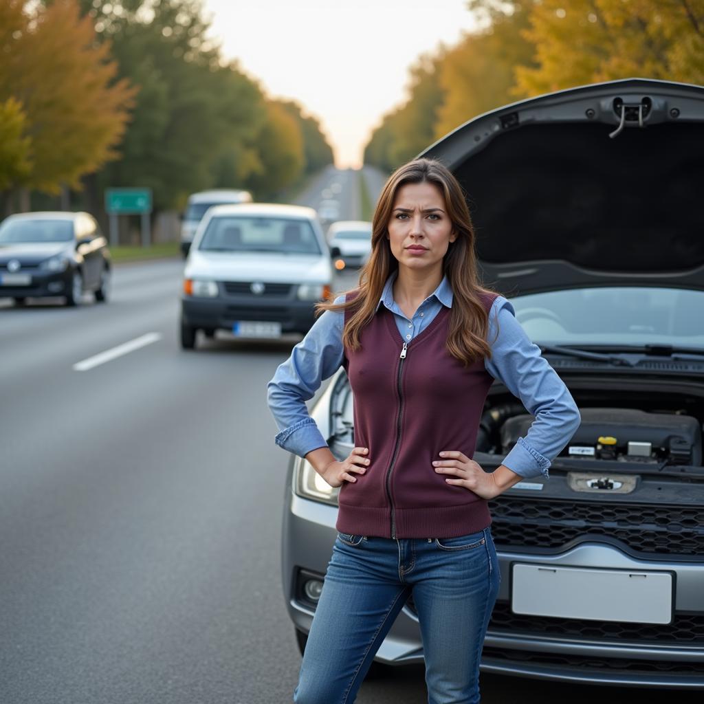 Frustrated car owner stranded on roadside with a broken down vehicle