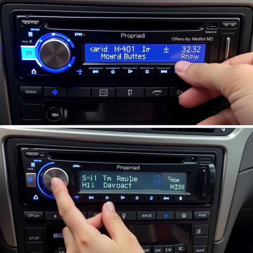 Fully functional car radio after repair, showing all buttons working properly.