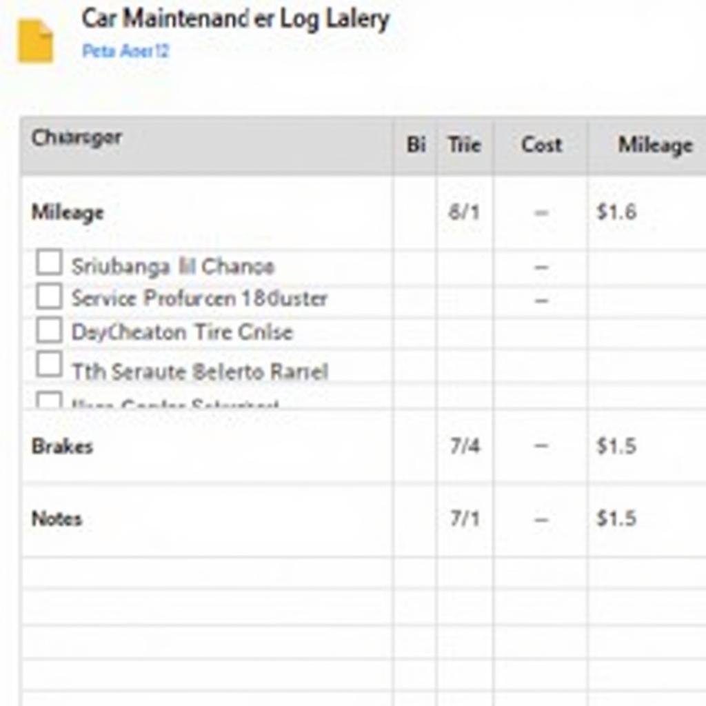 Example of a Google Doc Car Maintenance Log