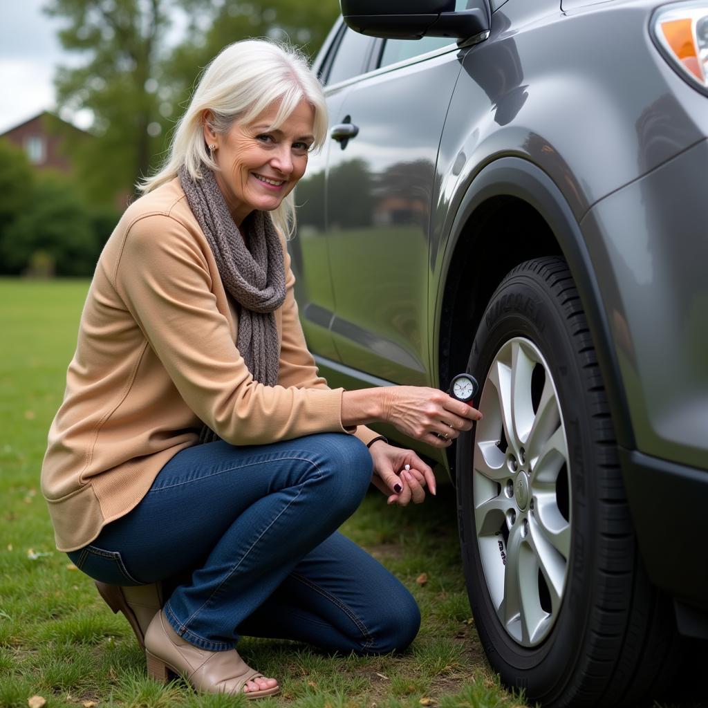 Grandma Checking Tire Pressure