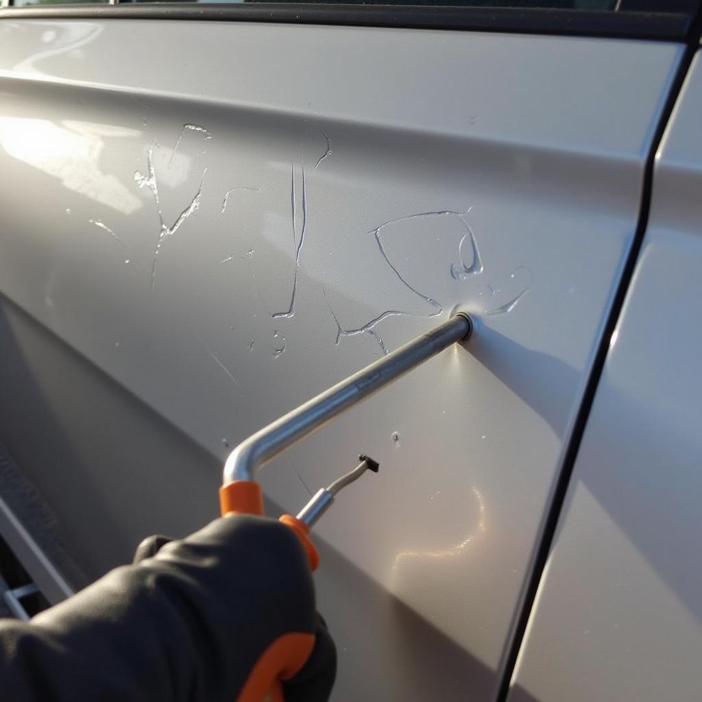 Car with Hail Damage Undergoing Repair