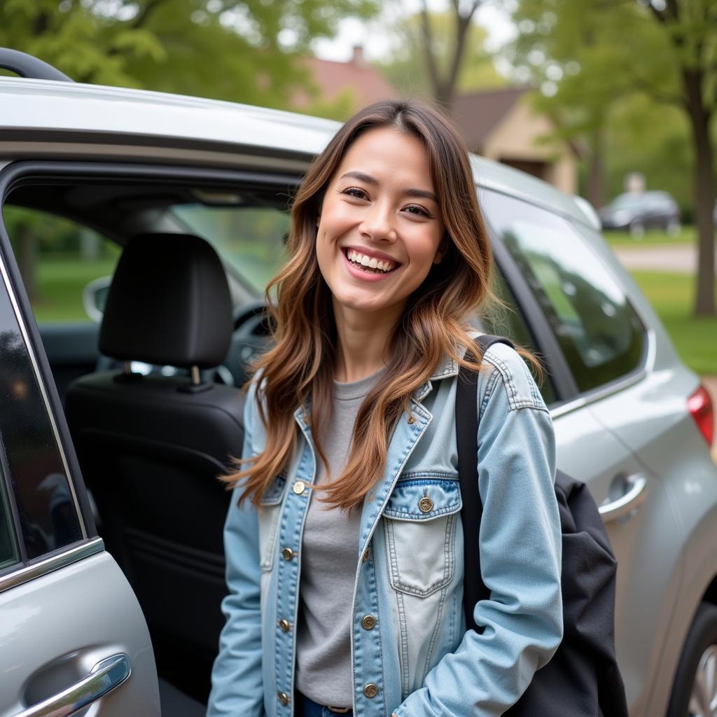 A happy car owner stands next to their low maintenance vehicle