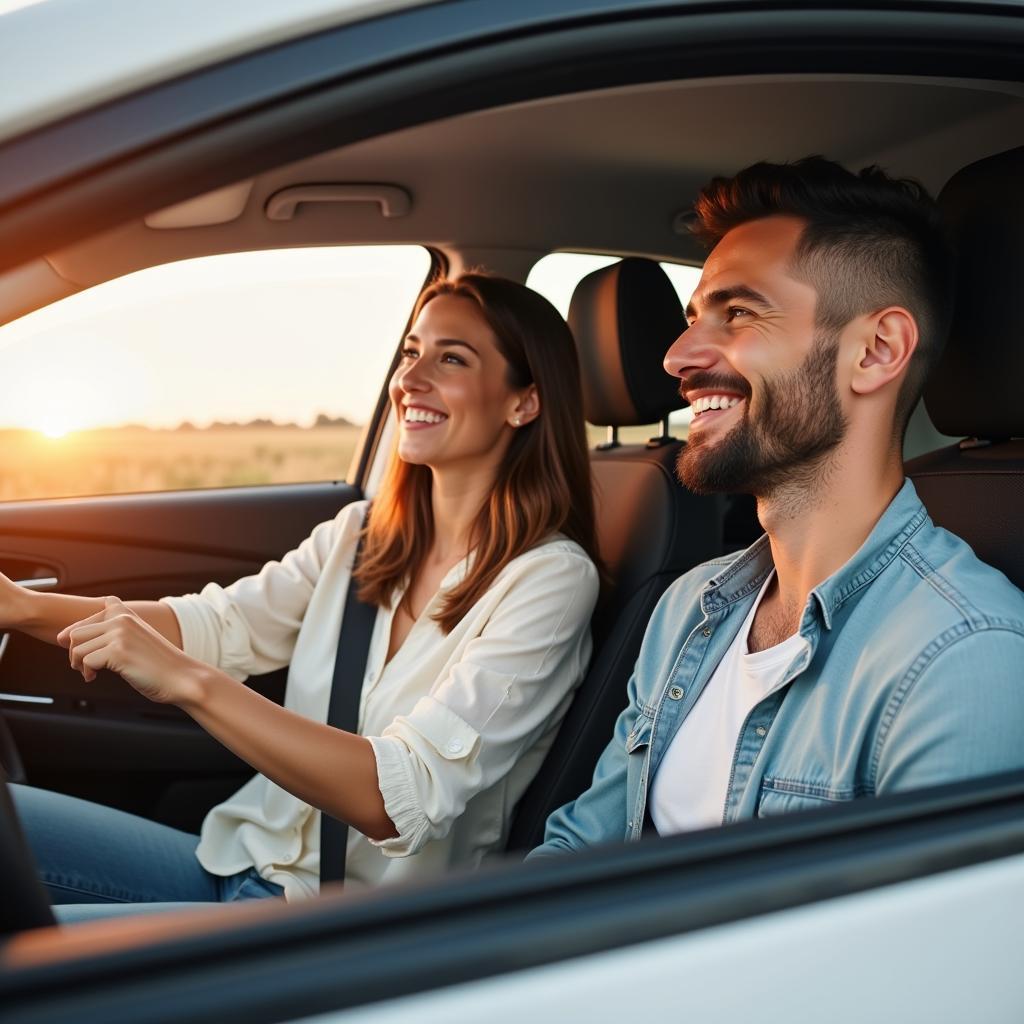 Happy couple driving leased car