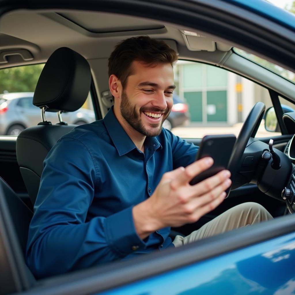 Happy Driver Checking Car Maintenance App on Phone