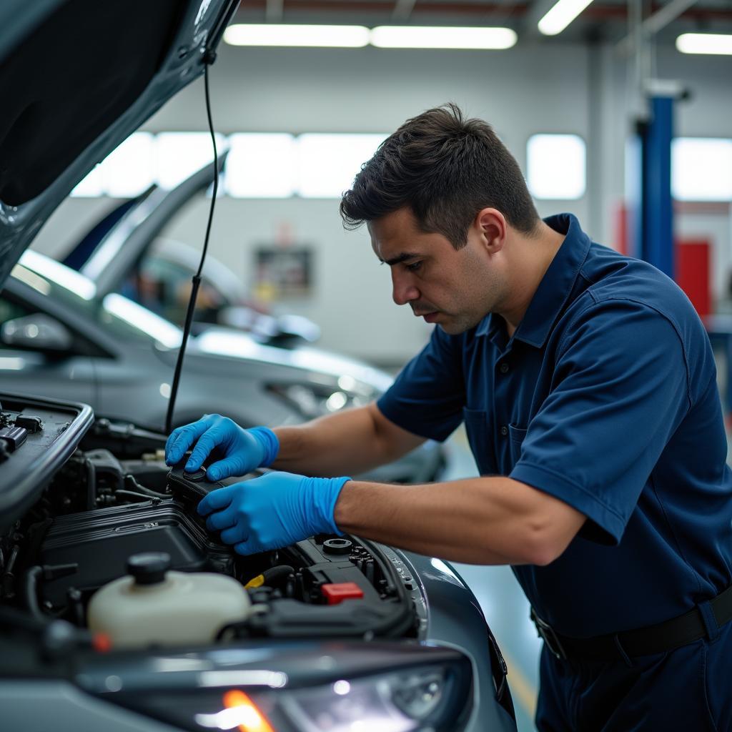 A high-mileage hybrid car being inspected by a mechanic