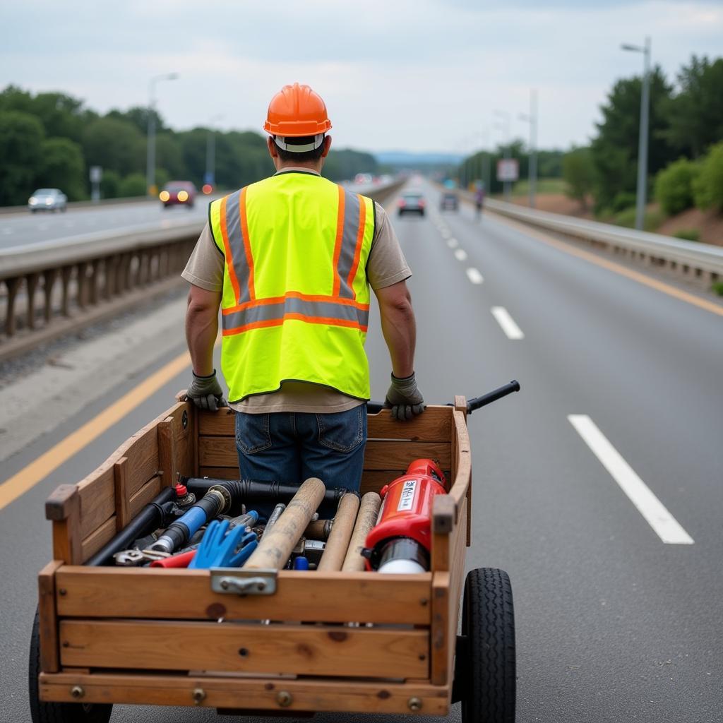 Highway maintenance worker operating a wooden wagon