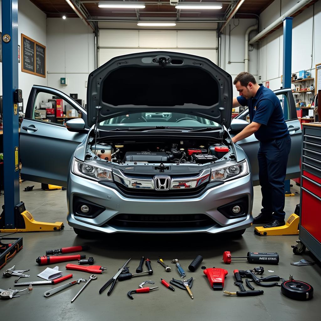 Honda City undergoing maintenance service