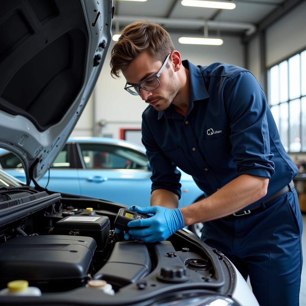 Mechanic inspecting a hybrid car battery