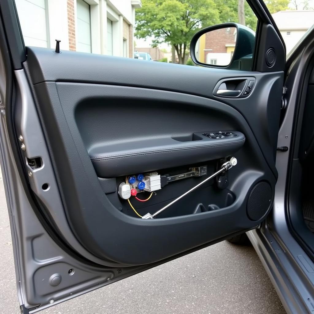 Inside of a Car Door with Panel Removed Showing Mechanisms