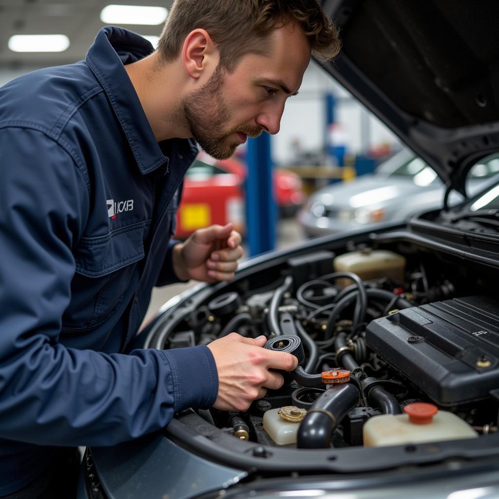 Mechanic inspecting car engine belts