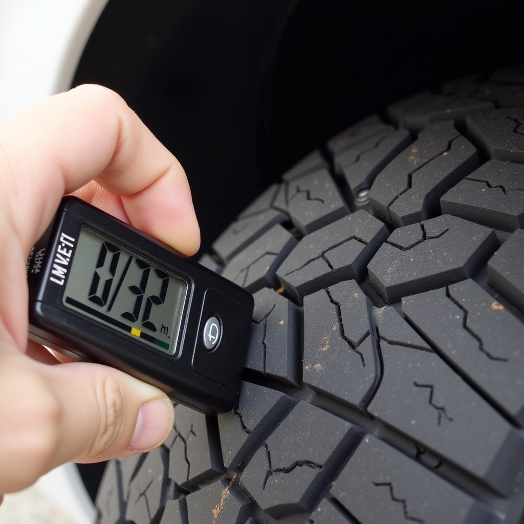 Close-up of a hand checking tire tread depth