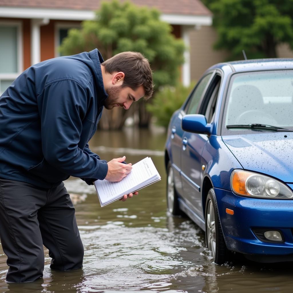 Insurance Adjuster Inspecting Flooded Car